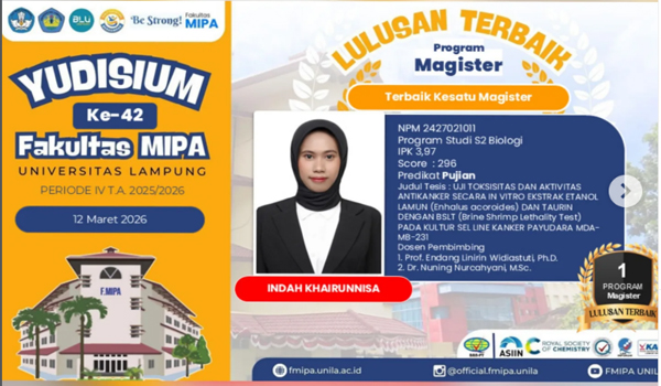 Mahasiswa Jurusan Biologi FMIPA Unila Raih Predikat Lulusan Terbaik Tingkat FMIPA Periode IV T.A. 2025/2026